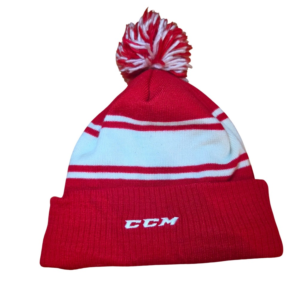 CCM Red White Striped Pom Pom Beanie Fleece Lined Cuffed Knit Hat